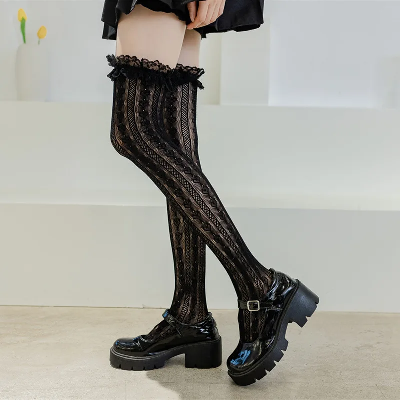 Chaussettes longues au dessus du genou pour femmes et filles, noires et blanches, Sexy, Lolita, nœud papillon, cuisses hautes, bas en résille, gothique, Punk, maille en dentelle_voghion.com
