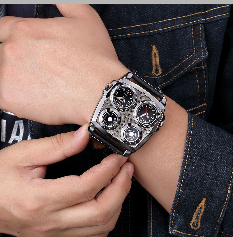 Men's Sport Watch With Compass, Thermometer & Dual Time Zone - Large 49mm Square Dial, Quartz Movement, Leather Strap Men's Quartz Watch_voghion.com