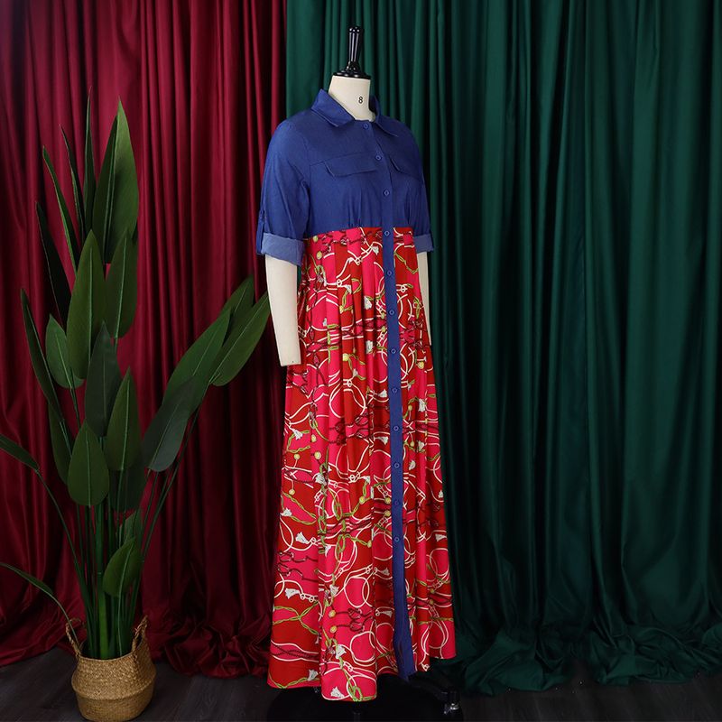 C8551 autumn and winter new large size women's fashion casual denim splicing printed long skirt big swing foreign trade dress_voghion.com