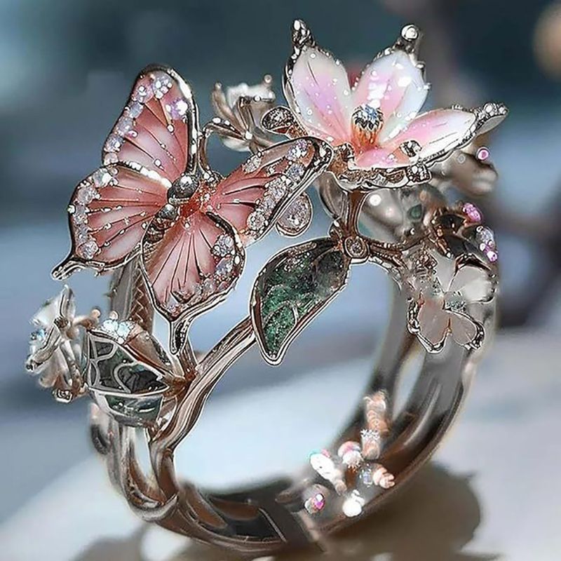 Ready Stock Damen Offen Verstellbar Rosa Vintage Mode Zarte Flash Diamant Tropfen Schmetterling Blume Ring Schmuck Geschenke Für Frau_voghion.com