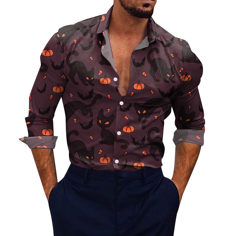 Chemise ample de plage imprimée en 3D à manches longues pour hommes, taille américaine, tête de citrouille chauve-souris Halloween_voghion.com