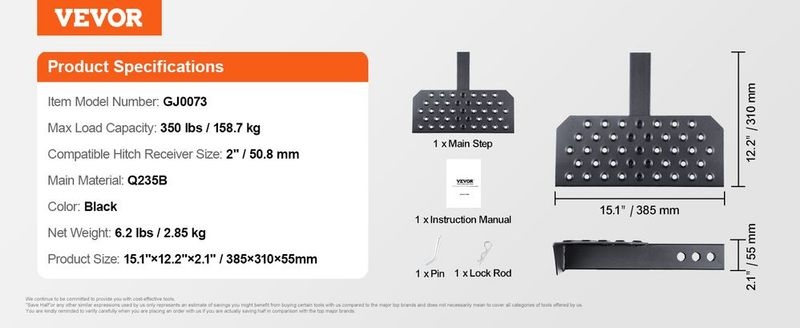 VEVOR Hitch Step For 2" Receiver Universal Trailer Tow Rear Bumper Guard Steel_voghion.com