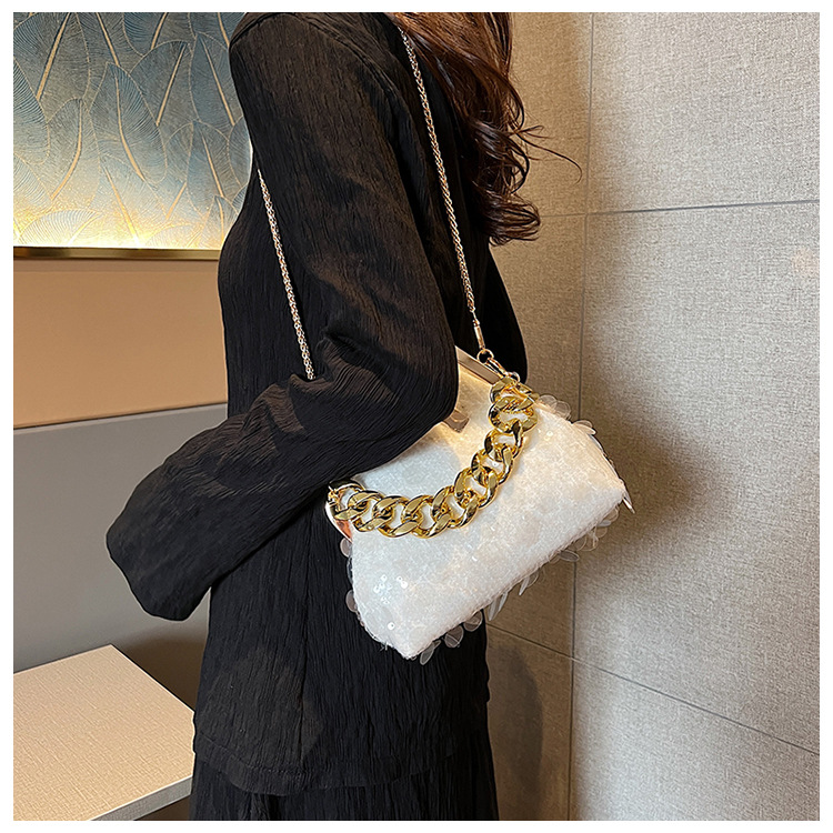 Piccola borsa per le donne 2023 Nuova borsa a tracolla versatile con catena di paillettes, borsa da sera con clip alla moda_voghion.com