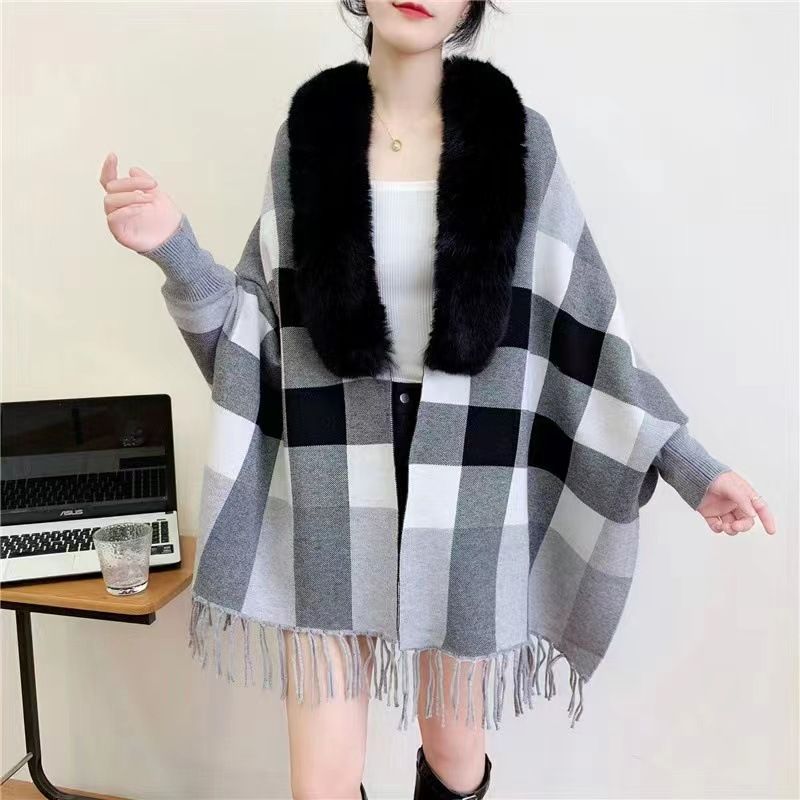 Damenbekleidung Übergroße karierte Strickjacke für Damen mit Schalkragen aus Kaninchenfellimitat – Eleganter, lässiger Wickel-Cape-Mantel in Kamel und Grau (Einheitsgröße)_voghion.com
