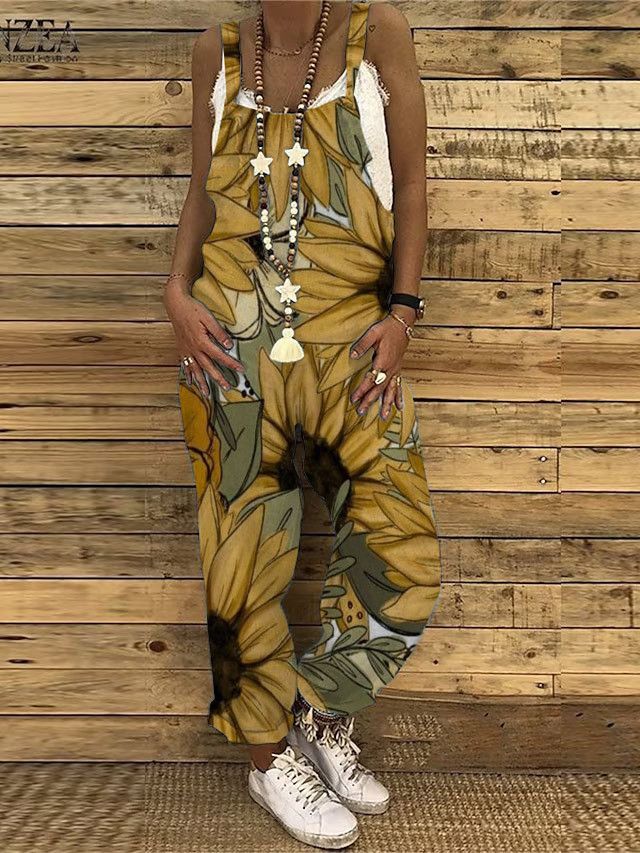 Women's Clothing Women's Cotton Linen Jumpsuit With Floral Print - Sweet Vintage Style Summer Romper, Sleeveless Overalls In 17 Boho Patterns (S-5XL)_voghion.com