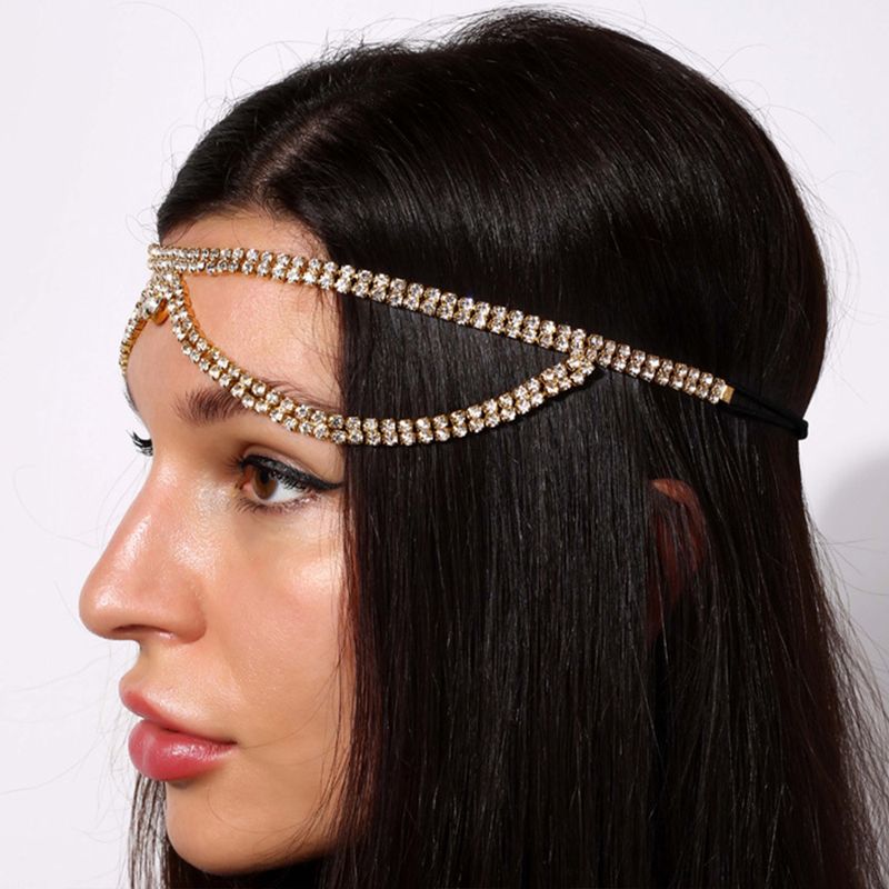 fascia elastica di lusso con strass a doppio strato, da sposa, da sposa, con catena per capelli in cristallo abbinata, copricapo, copricapo_voghion.com