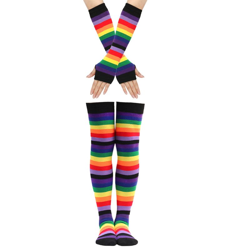 Regenbogensocken, hohe Socken, Kniestrümpfe aus Baumwolle, bunt gestreifte Handschuhe für Damen, Party-Requisiten-Set_voghion.com