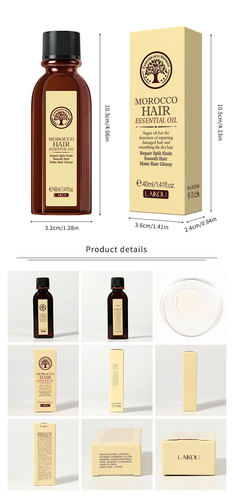 Laikou Fas Saç Bakım Esansiyel Yağı 40ml Kıvırcık ve Kırılgan Saç Uçlarını İyileştirir Bakım Üreticileri_voghion.com