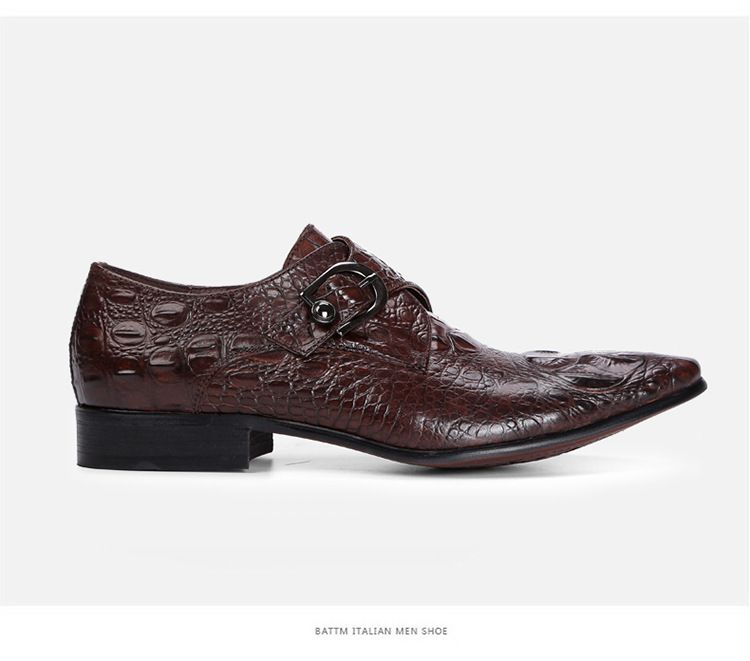 Sapatos formais de couro com estampa de crocodilo para homens com primeira camada de couro bovino em relevo inglês fivela monge Lumenke sapatos_voghion.com