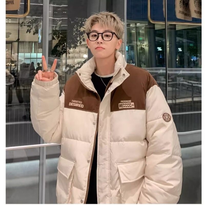 Piumino invernale da uomo, stile americano, spesso, caldo e alla moda, con colletto rialzato, in cotone, stile coppia, color-block_voghion.com