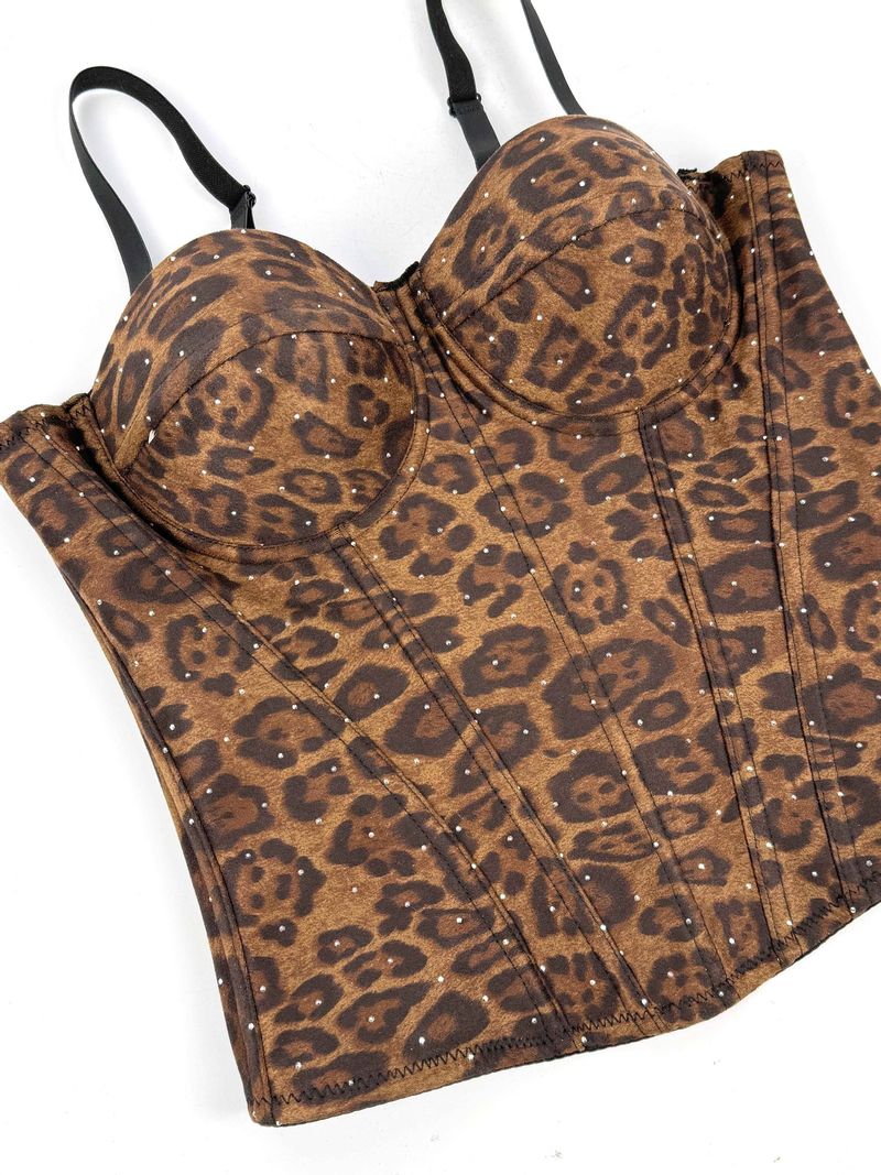 Women's Clothing Golden Brown Leopard Suede Short Vest Camisole Inner Wear Can Be Worn Outside Elastic Gathered Fishbone Body Shaping Bra_voghion.com
