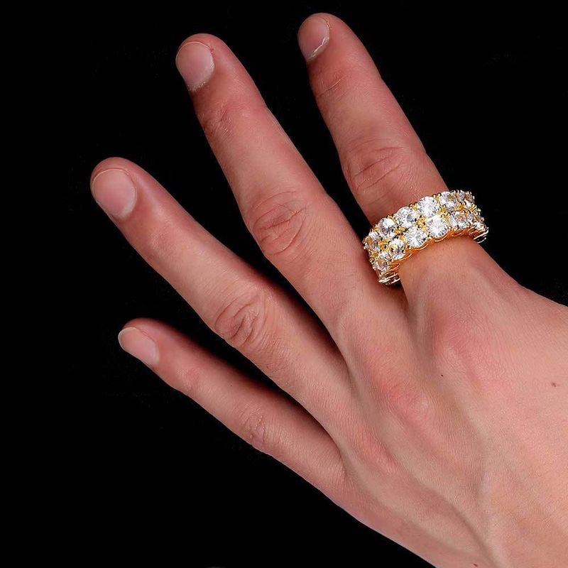 Men And Women's Jewelry Hip Hop Style Double Row Zircon Ring Geometric Design High-Quality Gold Tone Brass Statement Ring For Trendy Outfits_voghion.com
