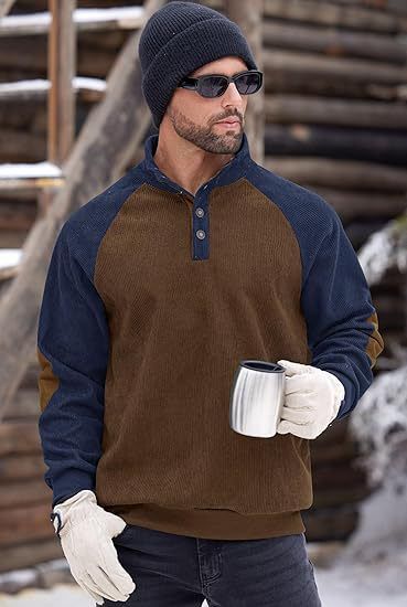 Felpa da uomo in velluto a coste con colletto alto, manica raglan, casual e color block_voghion.com