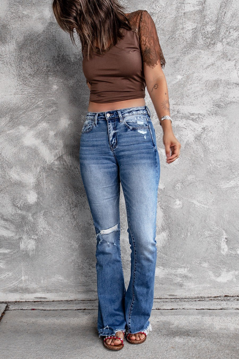 Jeans aderenti a vita alta, elastici, retrò, aderenti, da donna, con fondo a campana, strappati_voghion.com