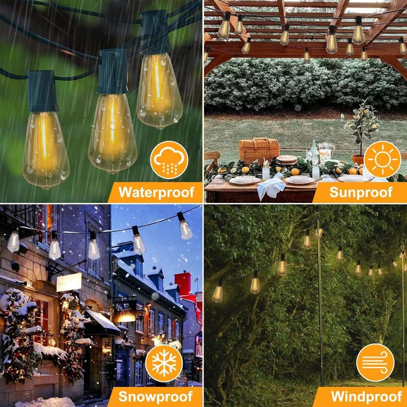 Luzes de corda à prova d'água para ambientes externos ST38 IP65, 50 pés/100 pés, fio de cobre, luzes de fadas para jardim, casamento, acampamento, pátio_voghion.com