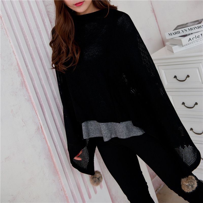 Locker ausgehöhlter Strickpullover mit V-Ausschnitt, einfarbig, neuer Frühlings- und Herbst-Dünnmantel, Damenpullover, Cape-Schal-Trend_voghion.com