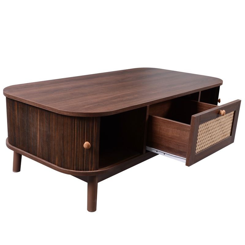 Table basse en rotin avec tiroirs et portes coulissantes, pieds en bois massif, table d'appoint de salon en osier naturel, style rustique_voghion.com