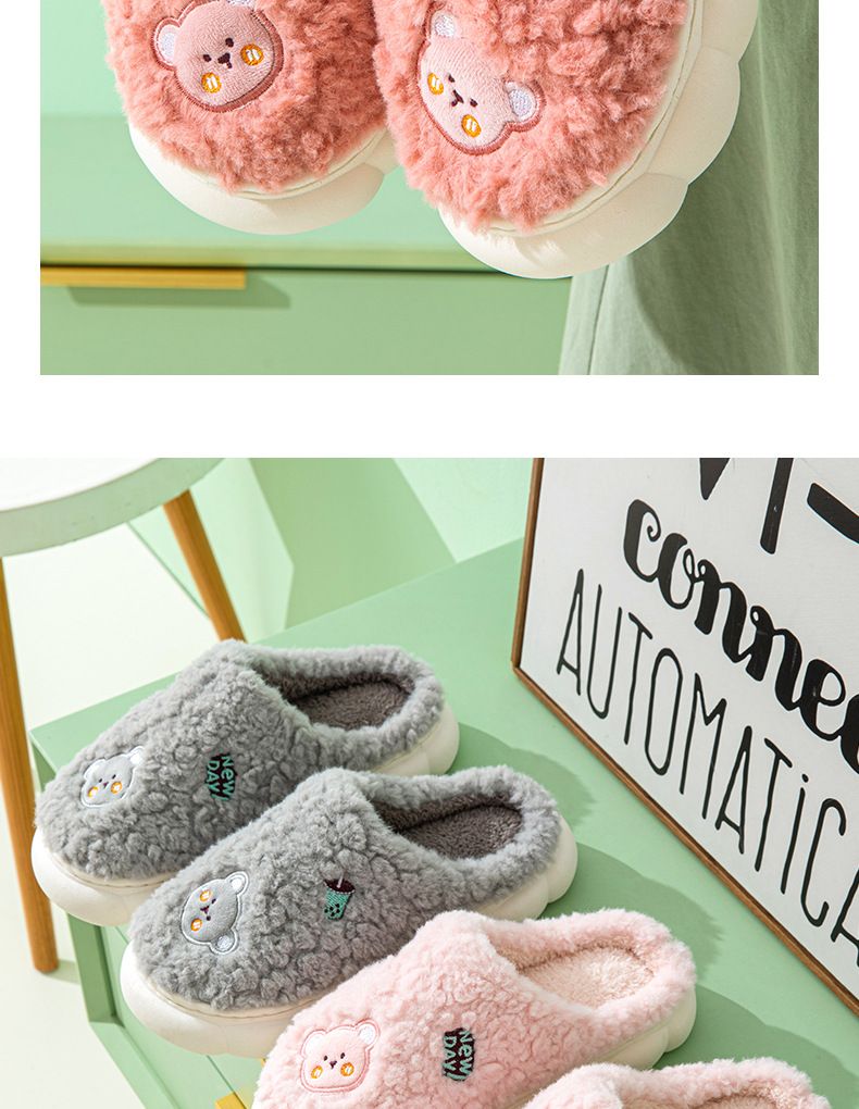 Cartoon-Plüsch-Hausschuhe mit PVC-Sohle, Unisex-Winterhausschuhe mit Kunstfellfutter, rutschfeste Schuhe für drinnen und draußen (Bär- und Hasen-Patch-Design)_voghion.com