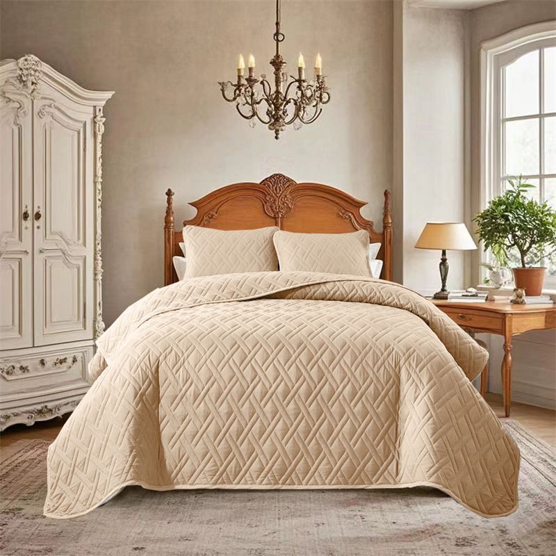 Gestepptes Tagesdeckenset in Leinenoptik – 3-teilig (mit genähtem Gittermuster, Füllung aus Baumwolle, inklusive passender Kissenbezüge, Queen-Size, knitterfrei)_voghion.com