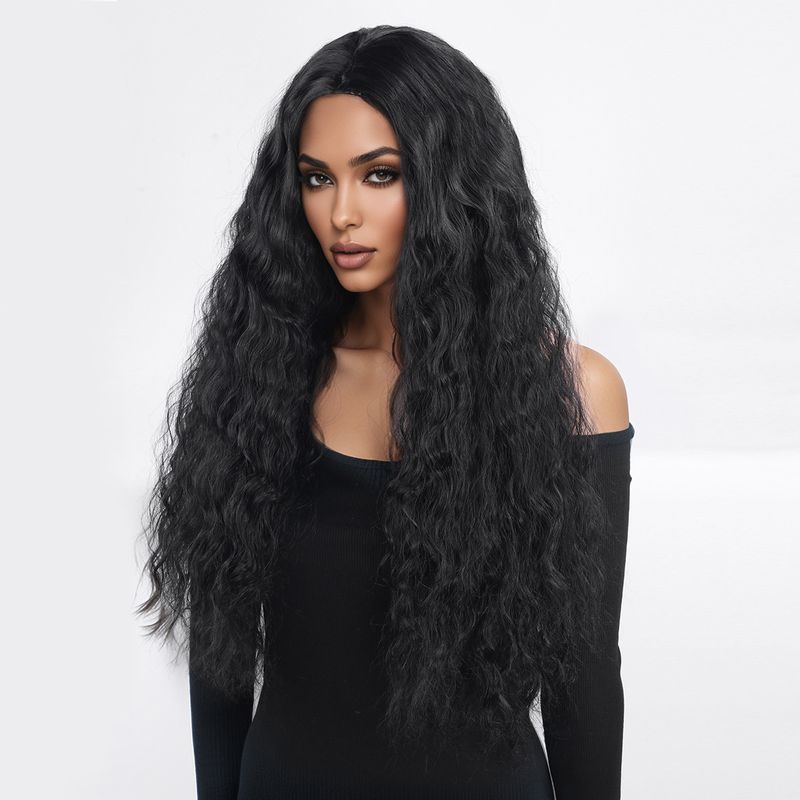 Parrucca con extension per capelli, nuova parrucca per donna, capelli neri ricci alla moda, ondulati, ricci di mais, riga centrale, frangia, copricapo completo._voghion.com