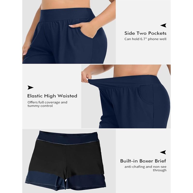 CHARMLEAKS Plus Size Swim Shorts For Women High Waisted Board Shorts Tankini Swimsuit Bottom With Pockets_voghion.com