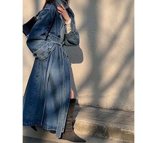 Giacca a vento in denim blu lavato da donna, autunno, nuovo, casual, retrò, lungo, di alta qualità_voghion.com