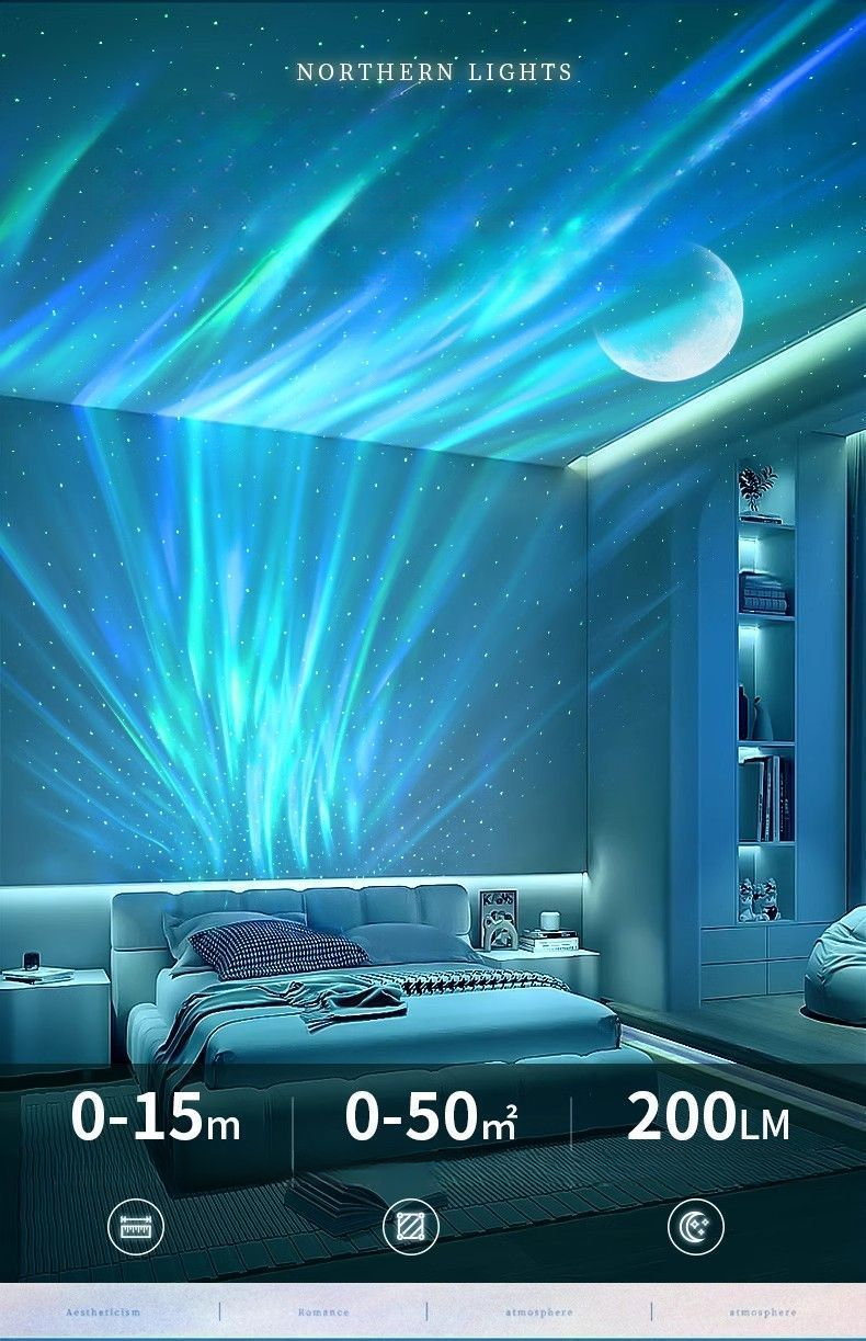Proiettore di cielo stellato aurora boreale, controllo APP, luce notturna laser, streaming live, altoparlante Bluetooth, lampada con atmosfera lunare_voghion.com