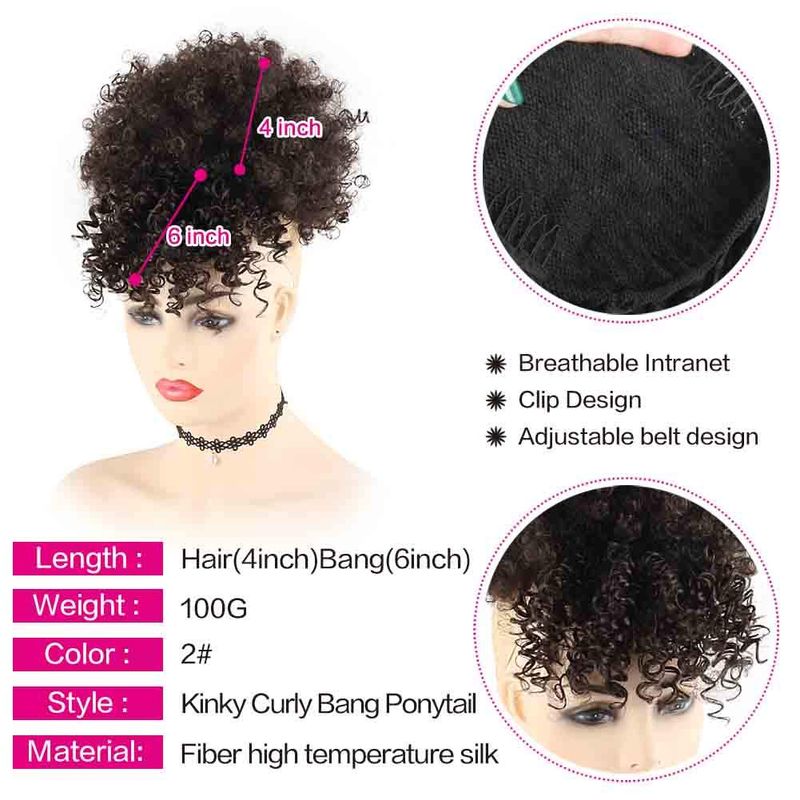 Zwarte korte kinky krullende chignon met pony Synthetische haarknot Trekkoord paardenstaart Clip in Afro Puff haarstukken voor vrouwen_voghion.com