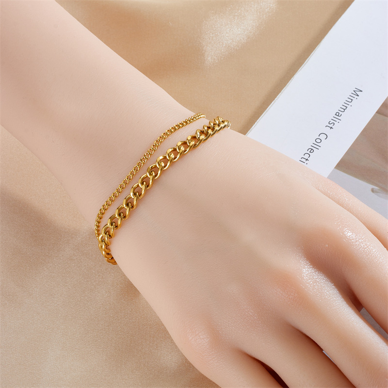 Niche fashion punk retro double-layer stacking chain titanium steel gold-plated simple and versatile neutral bracelet_voghion.com
