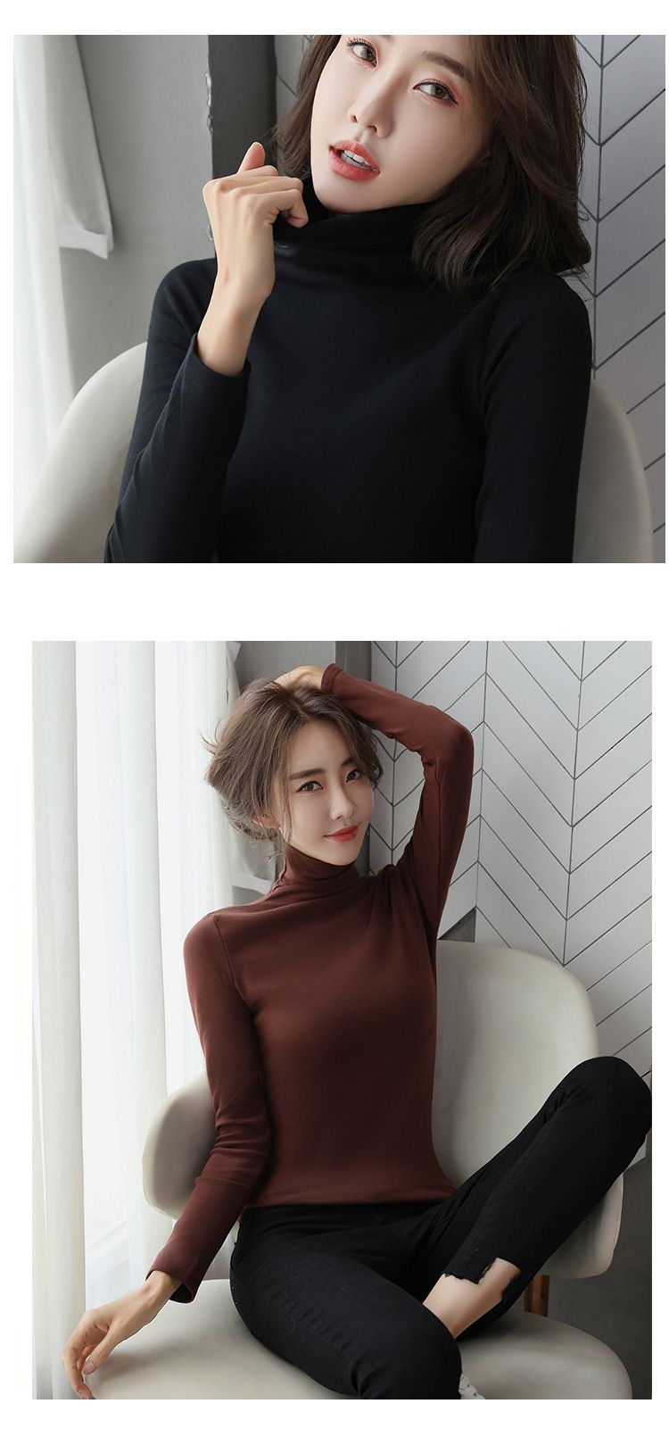 Temperamentvolles neues Herbst-Langarm-T-Shirt für Damen, schmale Passform und schlankmachender Schnitt, hoher Halsausschnitt mit Plüschboden,_voghion.com