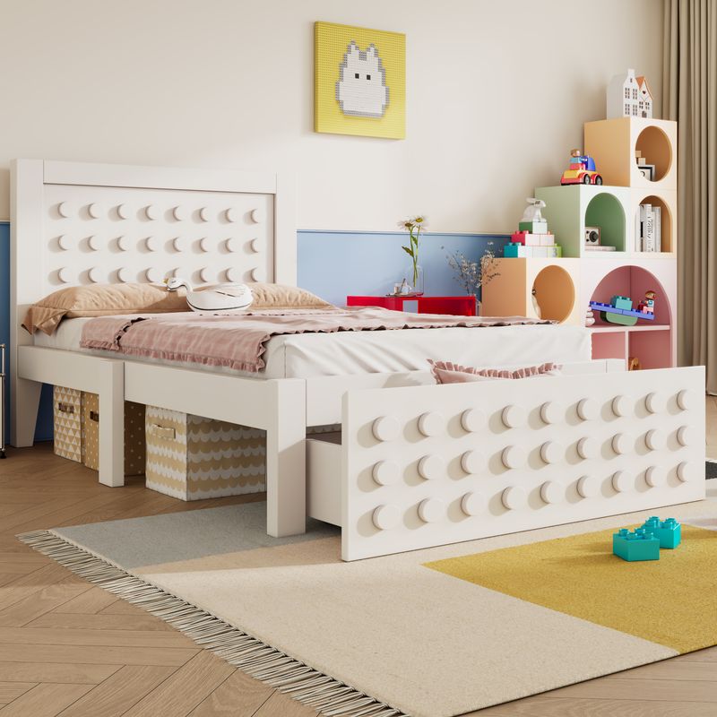 Holzbett 90x190cm Mit Blockdesign, Massivholz, Schubladen, Stauraum, Blanc_voghion.com