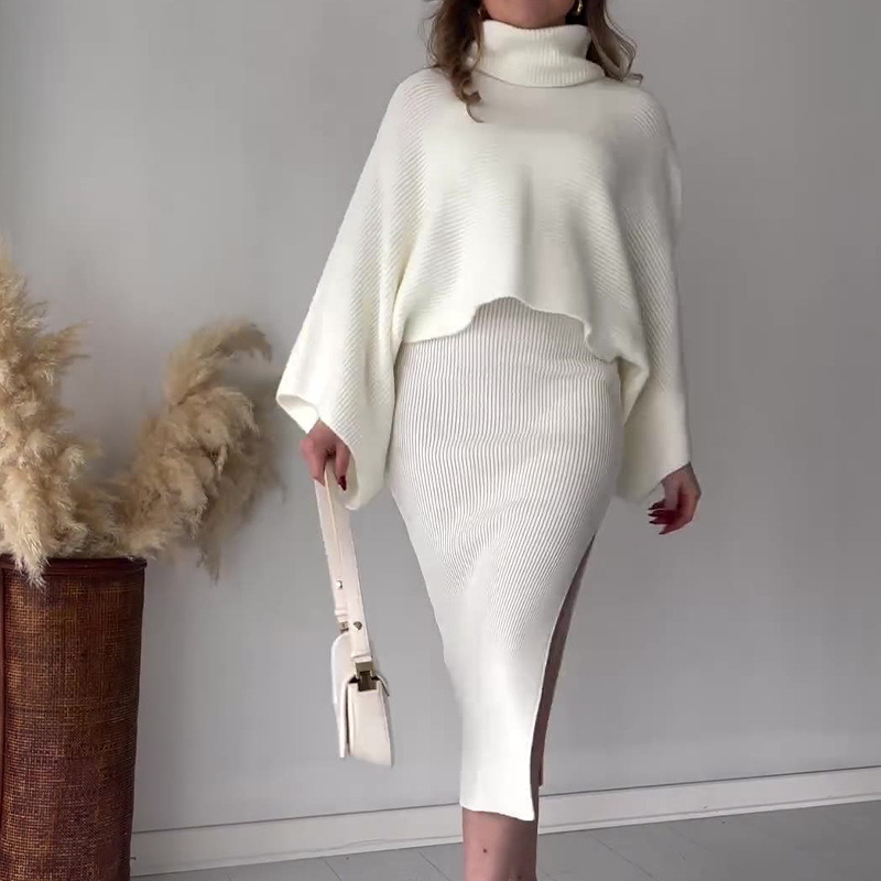 Women's fashion solid color pullover warm bat shirt top long skirt suit_voghion.com