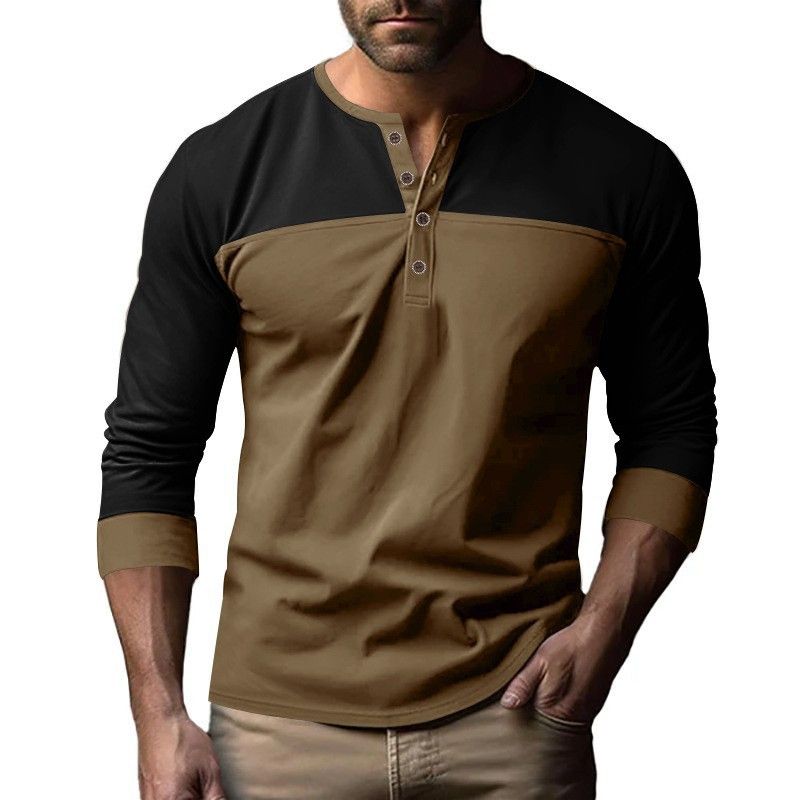 Herren-Retro-T-Shirt mit Henley-Kragen – Zweifarbiges, atmungsaktives Langarmshirt aus Polyester-Mischgewebe (S-XXXL)_voghion.com