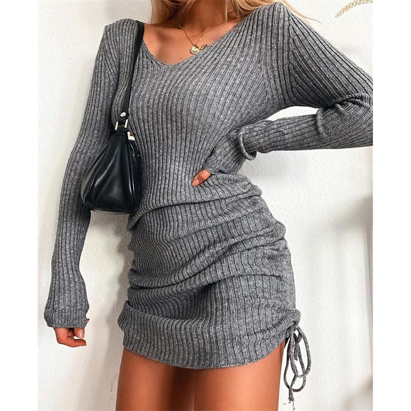 Vêtements pour femmes pull tricoté col en V à manches longues automne et hiver sexy coupe ajustée jupe filetée jupe plissée à cordon de serrage_voghion.com