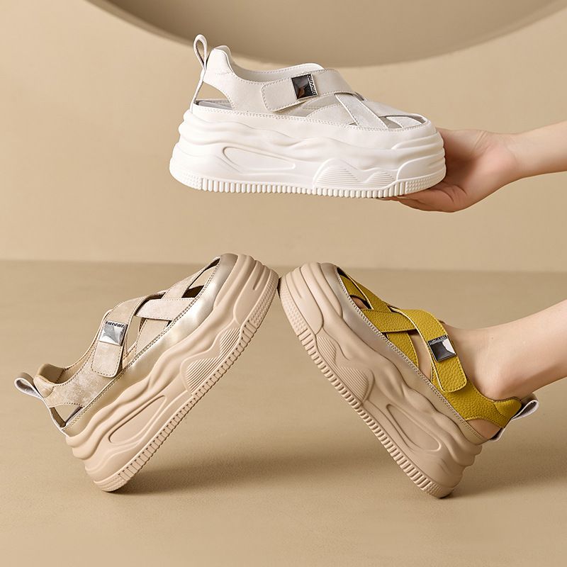 Echtleder-Sandalen für Damen, Sommer 2024, Outdoor, geschlossene Zehenpartie, römischer Stil, lässige Schuhe mit dicker Sohle, Schweinskäfig-Design, gewebte Sportschuhe_voghion.com