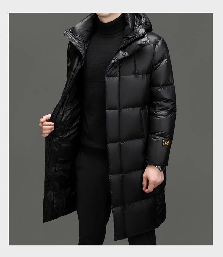 Premium Black & Gold Down Jacket For Men - Long Winter Coat With White Goose Feather, Windproof & Warm, Suitable For Extreme Cold Weather_voghion.com