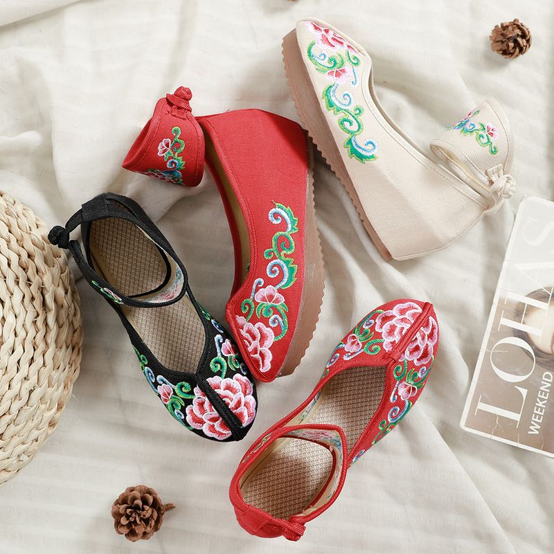 Tacchi alti, scarpe da ballo singole in tessuto ricamato con tacco inclinato all'interno, scarpe da donna primaverili e autunnali, stile etnico_voghion.com