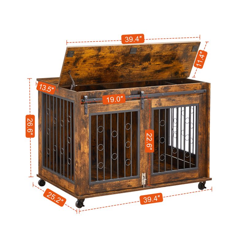 Sliding Door Dog Cage With Partition For Two Puppies, Rustic Brown, 39.37'' W X 25.20'' D X 28.94'' H_voghion.com