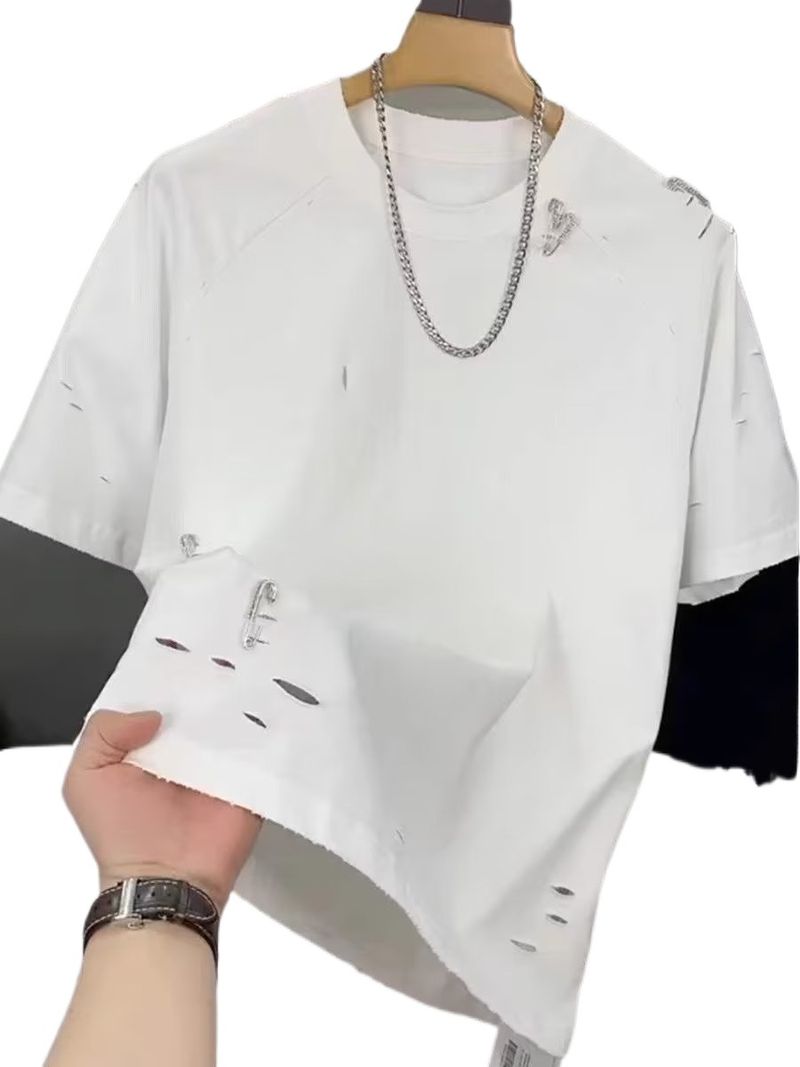 New Summer White Short sleeved T-shirt Trendy and Handsome Round Neck with Perforated Half Sleeve Top Clothes for_voghion.com