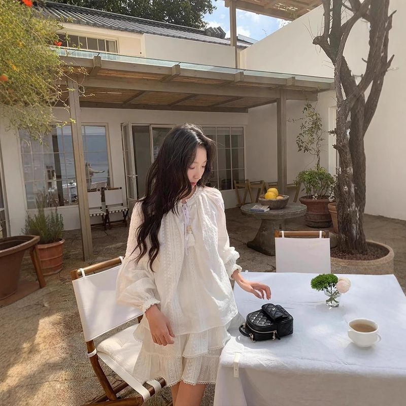 Siyuan F * AB Bianco Moonlight Micro Trasparente Puro Cotone Ricamato Camicia con Lacci/Gonna Corta a Sbuffo Tempo Libero Vacanza_voghion.com