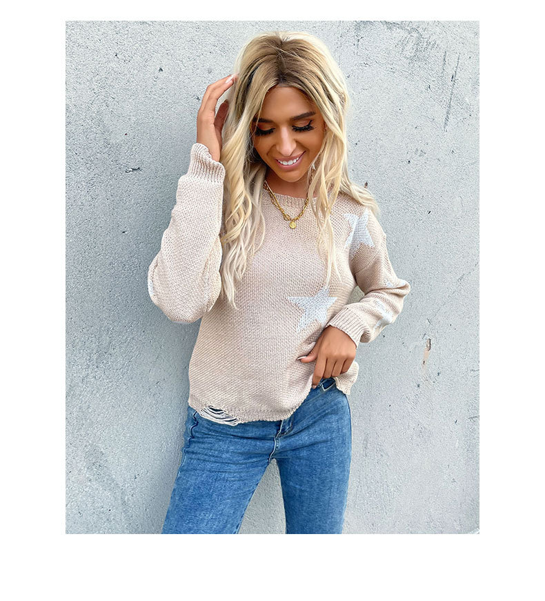 Langärmliger khakifarbener Damenpullover mit Rundhalsausschnitt und fünfzackigem Saum_voghion.com