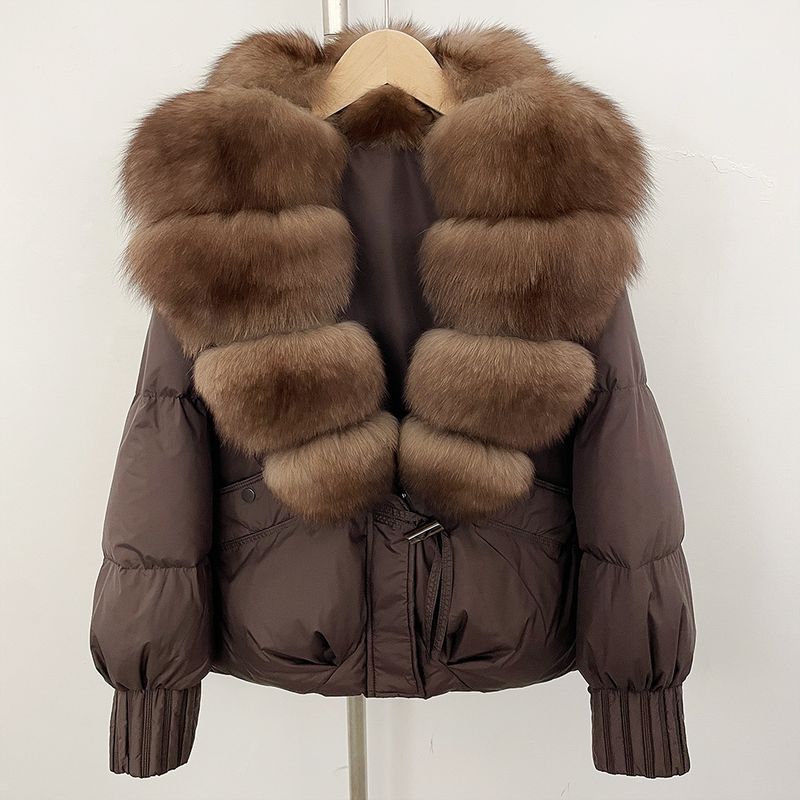 Luxury Oversized Fox Fur Trim Short Down Jacket For Women - Winter Warm Coat With Detachable Hood, 90% White Duck Down, Loose Fit, Stylish_voghion.com