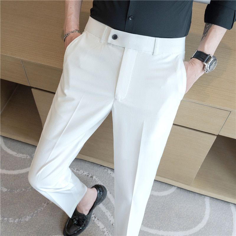 Summer new men's casual trousers, thin comfortable small straight nine-point trousers, elastic and drape on all sides, white trousers_voghion.com