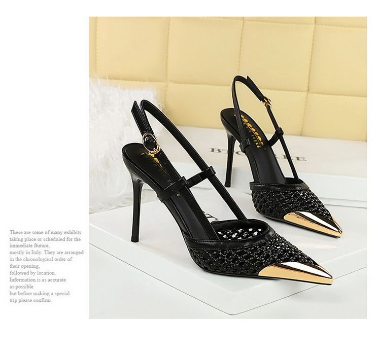Hollow Woven Stiletto Sandals Women's High-end Metal Pointed One-word Strap High Heels_voghion.com