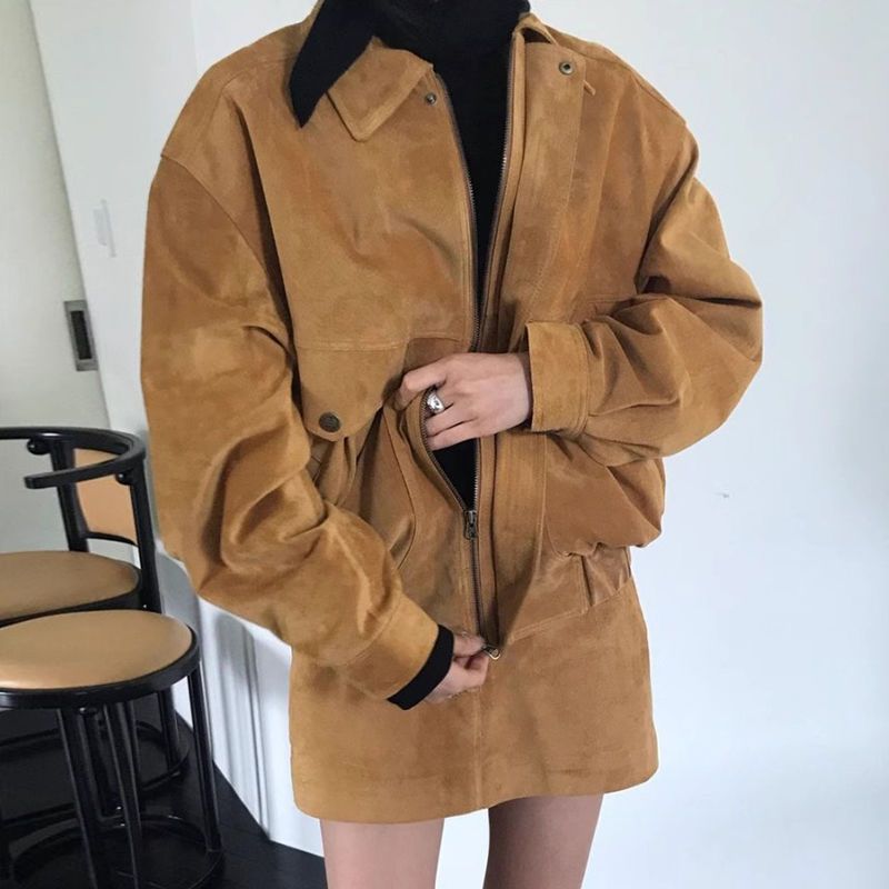 Ensemble deux pièces style coréen pour femme, veste ample + mini-jupe, fermeture éclair, manches longues, col rabattu, printemps-automne_voghion.com