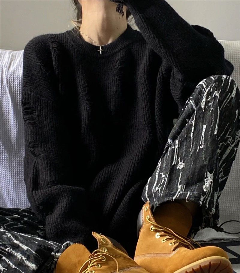 Maglione lavorato a maglia nero punk stile gotico Deeptown da donna maglione oversize con scollo a O gotico grunge moda coreana lungo_voghion.com