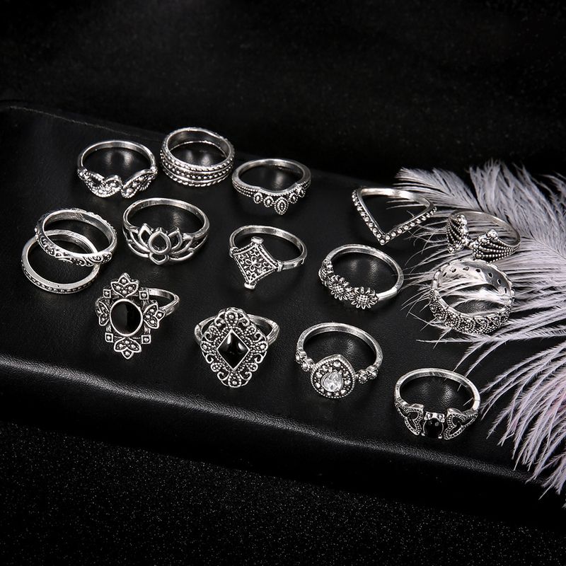 Bohemian Ancient Silver Lotus Women's New Personalized 15 piece Set Ring_voghion.com
