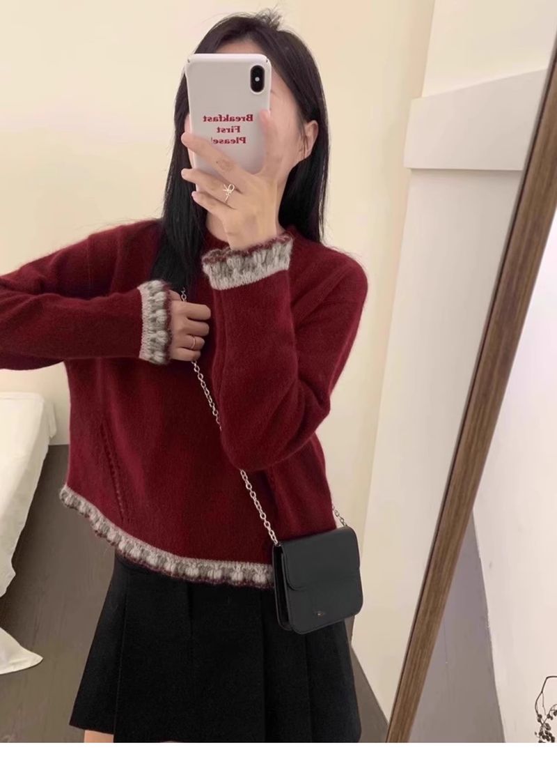 2025 Winter Lace 100% Merino Wool For Women High-End Short New Red Zodiac Year Base Sweater_voghion.com