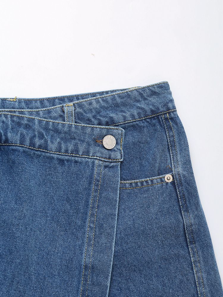 Damenbekleidung Kurzes Jeanshemd Zweireihiger Jeansrock Hosenanzug_voghion.com