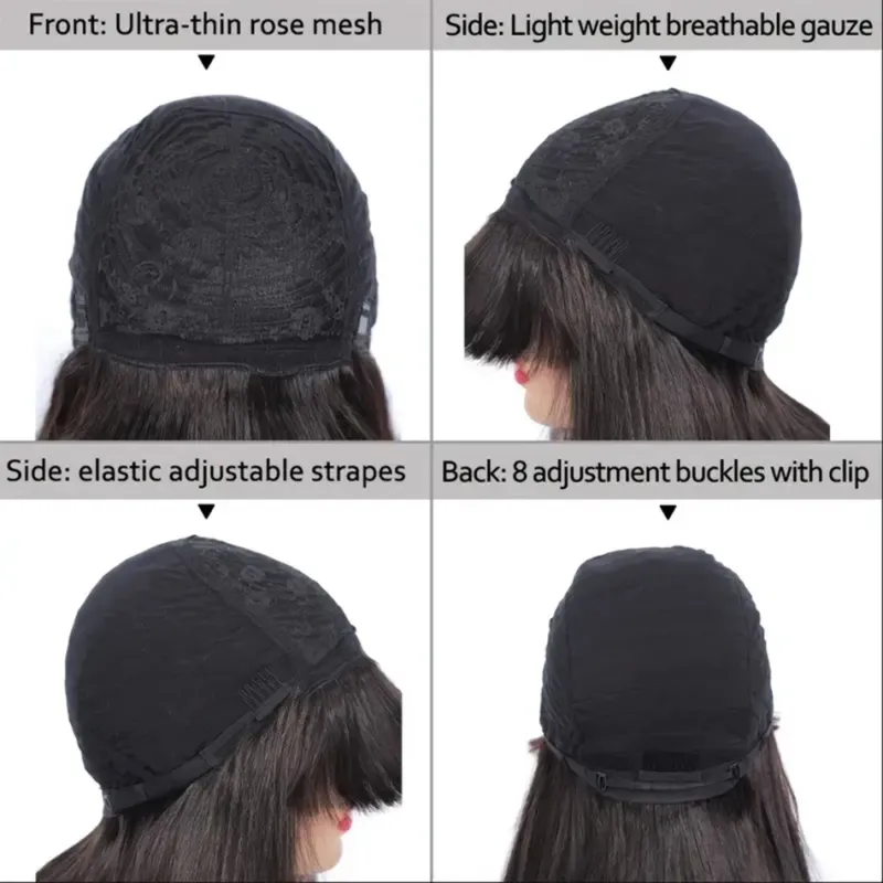 Glatte Perücke aus Echthaar mit Pony, brasilianisches Remy-Echthaar, Perücken für Frauen, 100 % Echthaar_voghion.com